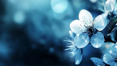 White flowers with delicate petals against blurred blue background.