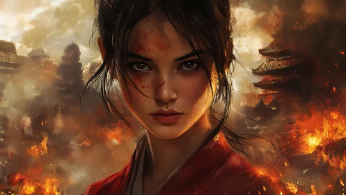 Fierce warrior girl emerging from a burning city of embers.