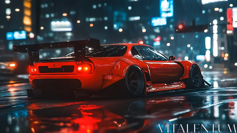 Turbo-red street beast glows against a neon rainstorm night.