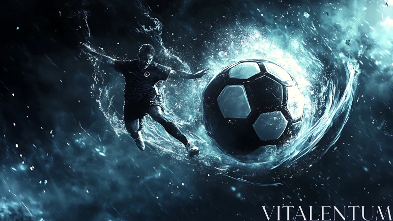 Digital soccer player and ball in blue liquid motion field.