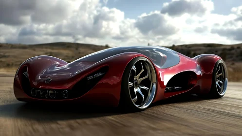 Futuristic red concept supercar glides along open highway.
