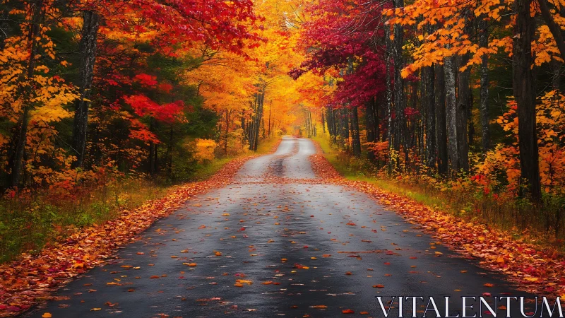 Golden autumn road winding through vivid forest corridor.