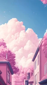 Pastel suburban street under towering pink cumulonimbus clouds