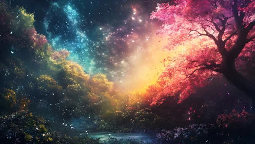 Enchanted starlit grove glowing beneath a radiant pink tree.