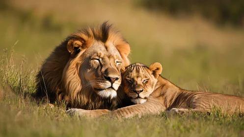 Male Lion Rests Beside Young Cub in Golden Grassland.