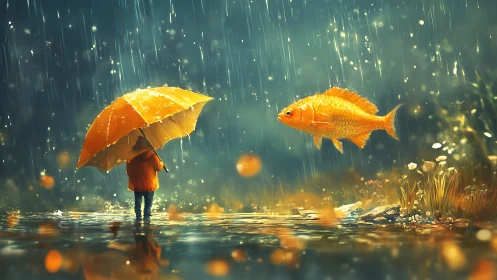Rain-soaked child confronts luminous floating goldfish in reflective marsh