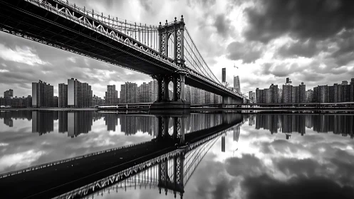 Suspension bridge and skyline mirrored in monochrome waters.