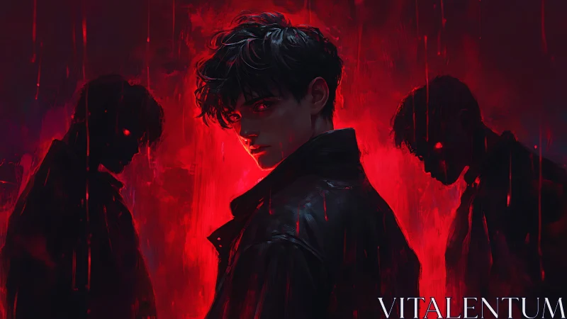 Central male figure in red-lit scene with two dark silhouettes.