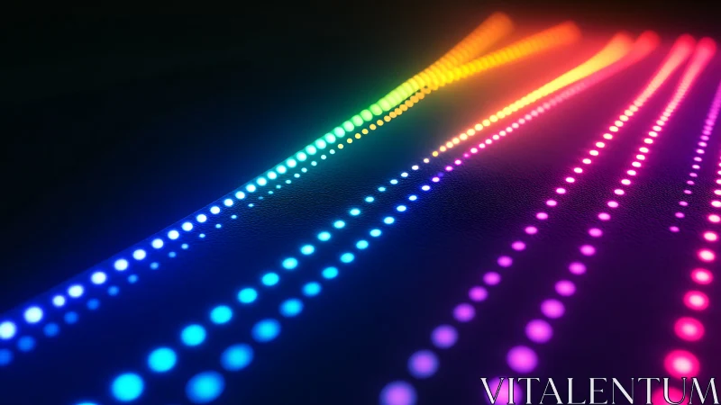 Diagonal rows of multicolored glowing dots on dark surface.
