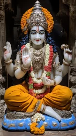 Serene Hindu deity idol radiates devotion in temple glow