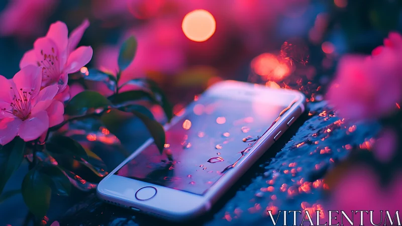 Neon Blooms Erupt Around Glowing Smartphone in Dreamscape