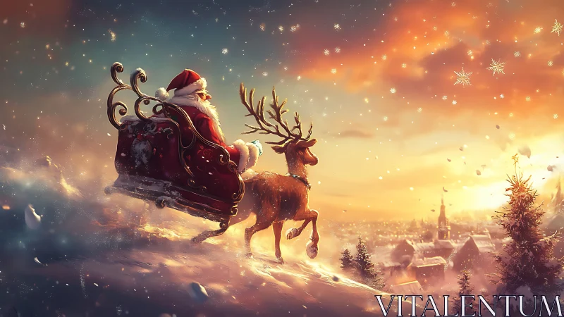 Santa soars above a glowing winter town at golden dusk