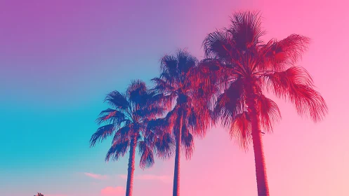 Neon palm trees glow under vibrant pink blue gradient sky.