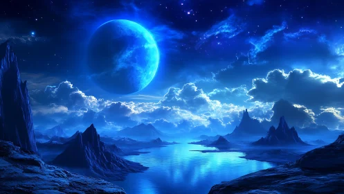 Alien coastline shows luminous blue planet over calm water
