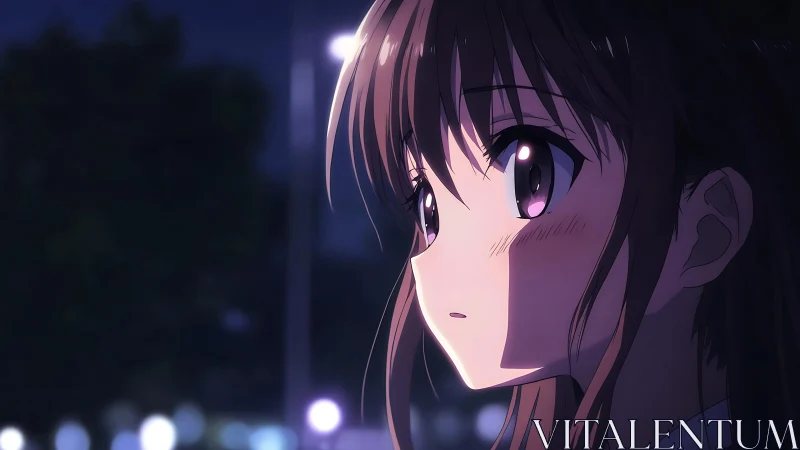 Pensive anime girl gazes into a quiet, glowing city night