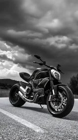 Black sport motorcycle on rural road under storm clouds.