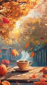 Coffee cup on autumn park table with falling orange leaves.