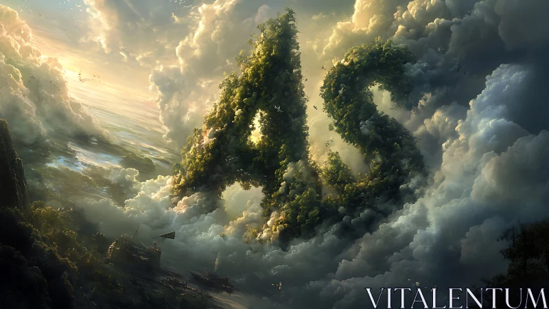 Colossal AS monoliths rise from luminous storm clouds.