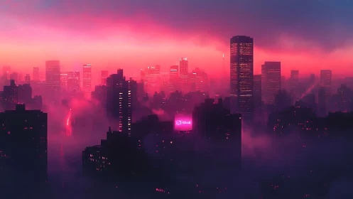 Neon fog over dense futuristic city skyline at dusk.