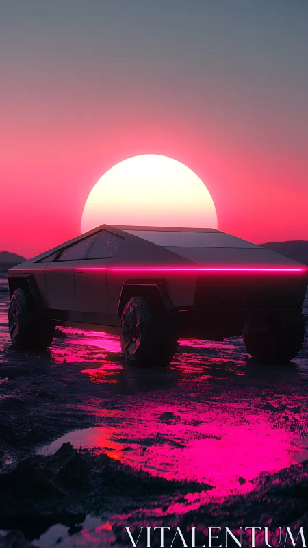 Neon dusk crowns a polygonal truck in liquid magenta light