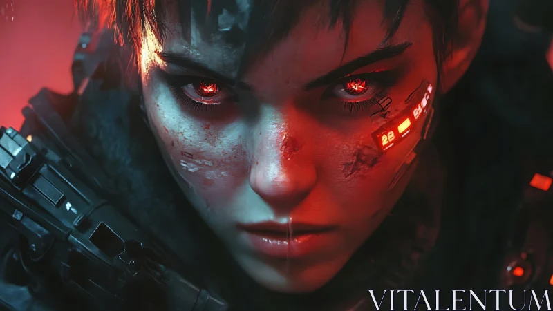 Cybernetic soldier portrait shows illuminated ocular implants