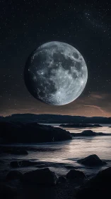 Oversized moon above coastal shoreline under night sky.