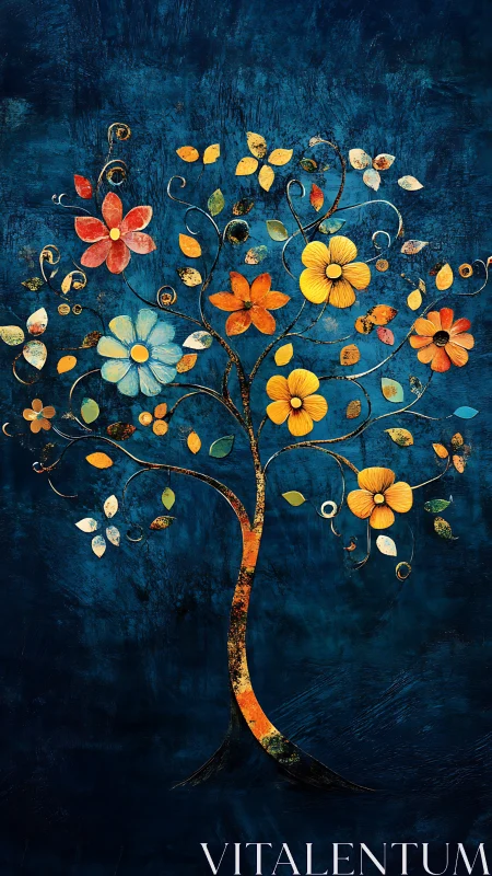 Floral motif tree on textured dark blue background.