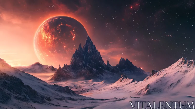 Crimson planet rising over silent snowbound spires.