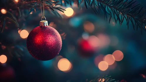 Red spherical ornament hangs from fir branch in soft focus