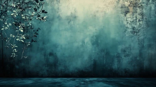 Aged teal wall and overhanging foliage create atmospheric depth
