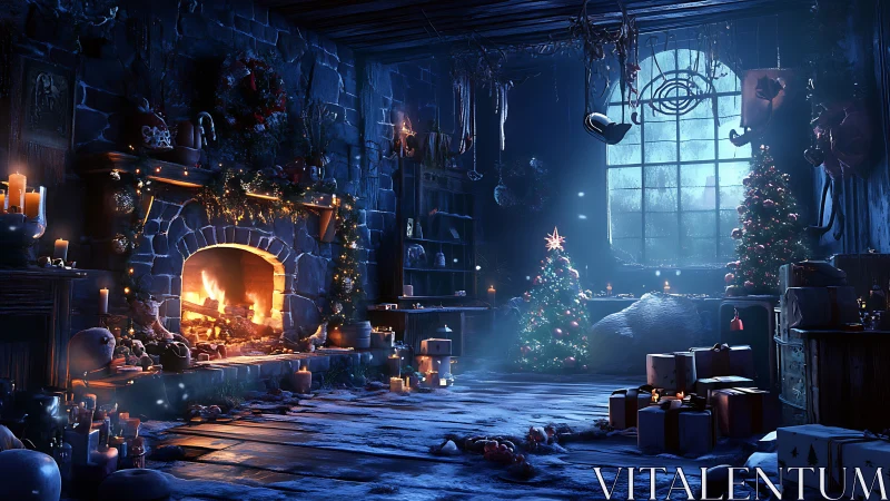 Cozy Christmas room with fireplace, trees, and presents.