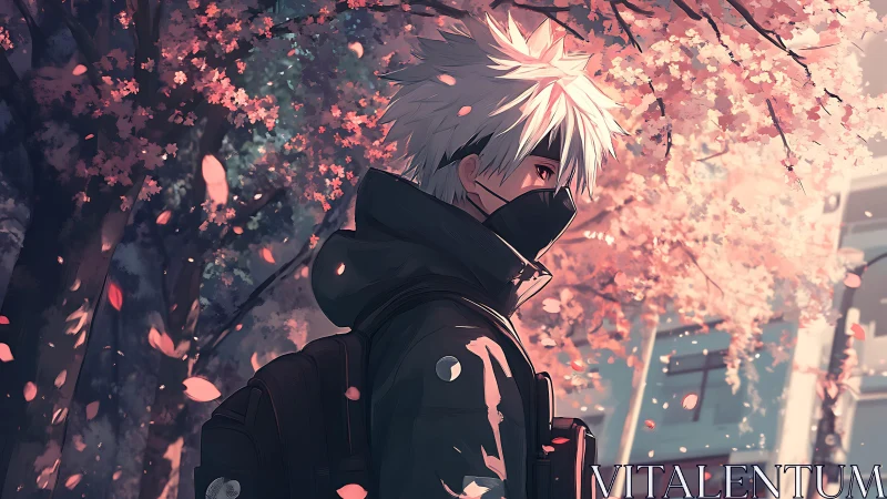 Masked anime figure under pink blossom trees outdoors.