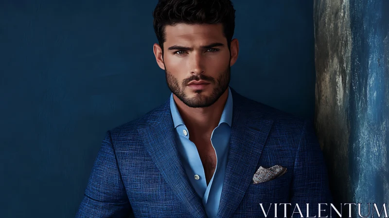 Textured blue tailoring portrait with controlled studio lighting.