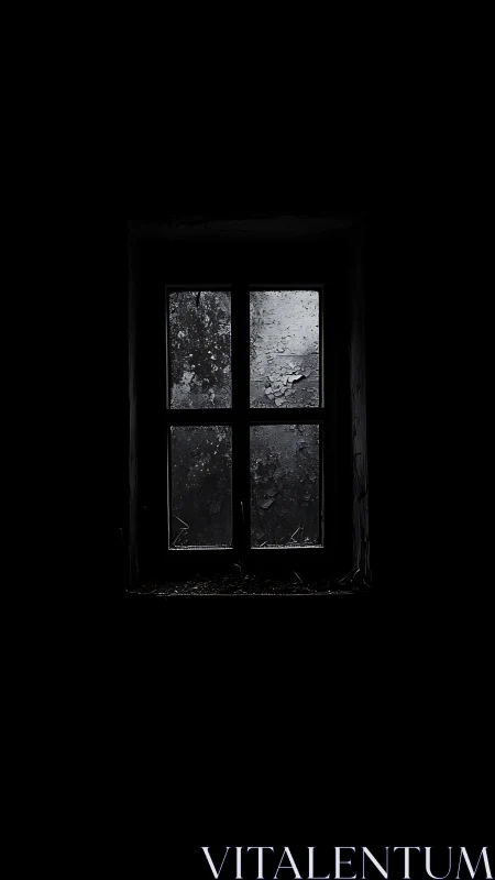 Old dirty window centered in deep surrounding darkness