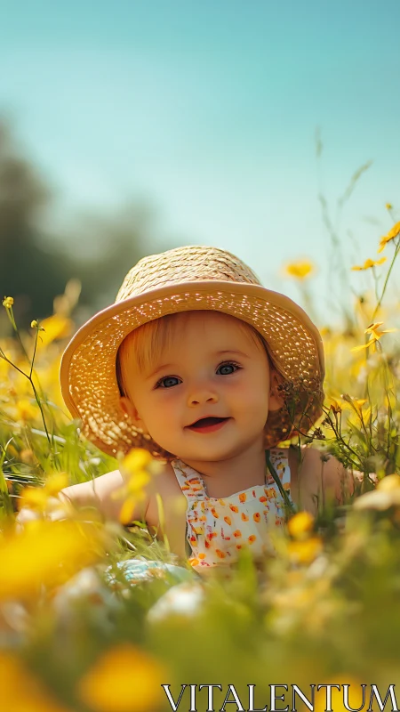 Golden Hour Portrait: Toddler in Straw Hat Amid Yellow Wildflowers Field.