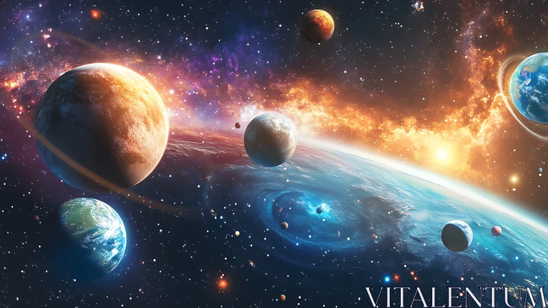 Colorful fantasy space scene with multiple planets shown.