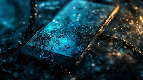 Macro smartphone closeup submerged on wet glass in bokeh light