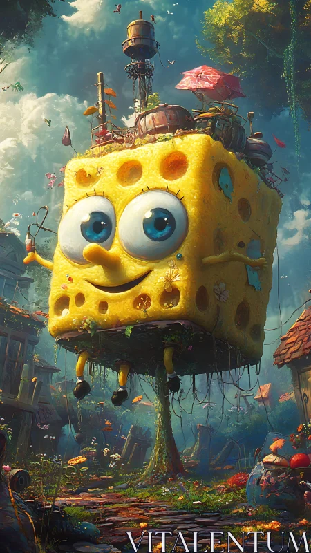 Sponge-like yellow cube character hovers above lush forest