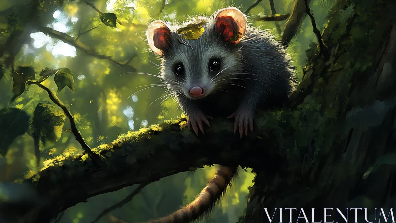 Curious forest mouse poised on mossy branch at sunrise.