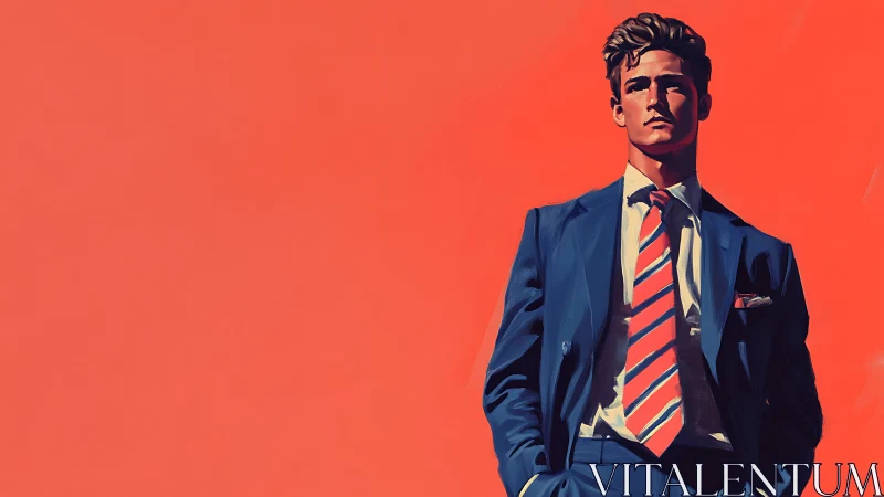 Stylized man in blue suit against flat orange background.