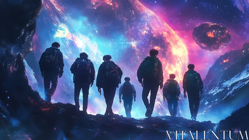 Cosmic expedition tableau in luminous sci fi digital painting.