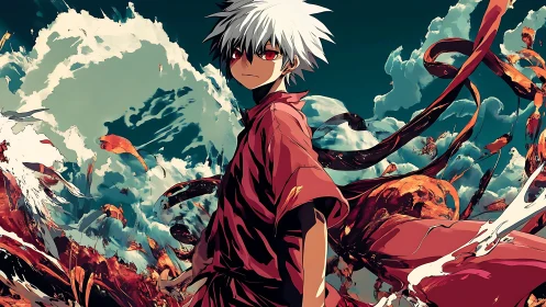 Dynamic red-cloaked anime warrior amid turbulent abstract waveforms