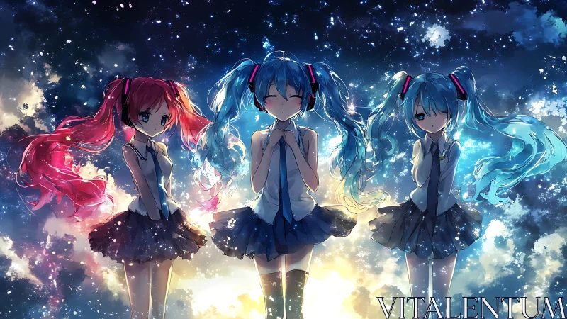 Triad of luminous twin-tailed idols in cosmic nebula.