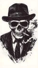 Noir skeletal mobster portrait in ink with smoking cigar