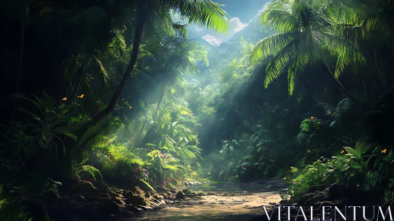 Tropical Valley Landscape with Dense Vegetation and Sunlight.