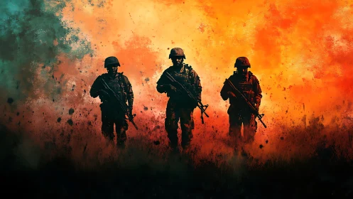 Triad of soldiers marching through wildfire dusk storm.