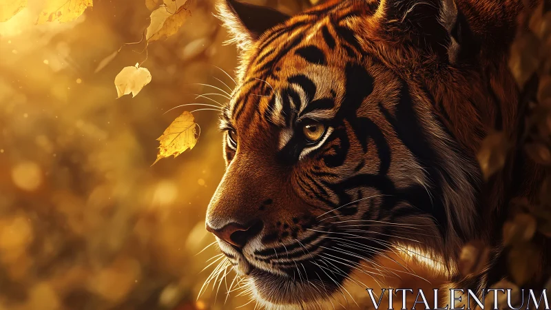 Golden forest tiger gazing softly through autumn light.