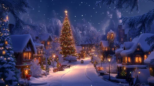 Snowy village street glows under towering Christmas tree