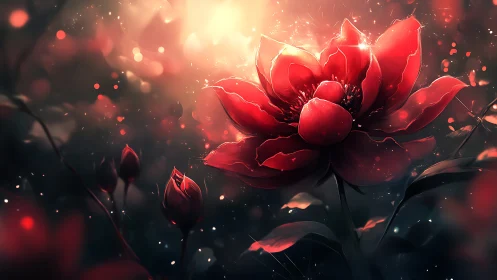 Luminescent Red Flower Blooming Against Fiery Darkness.