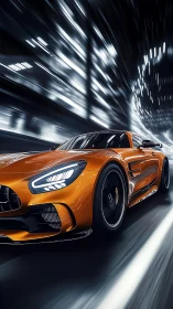 Orange supercar accelerates through neon-lit urban tunnel